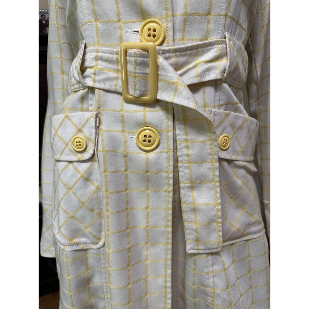 Tulle Yellow Stripe White Trench Coat Belted Waist Big Buttons Size Small - Picture 13 of 13
